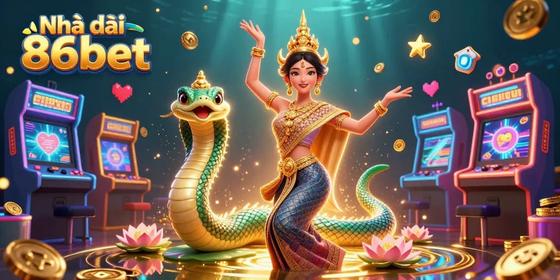 Engage with Nhà cái 86bet in a vibrant casino world, featuring exciting gaming elements and colorful characters.