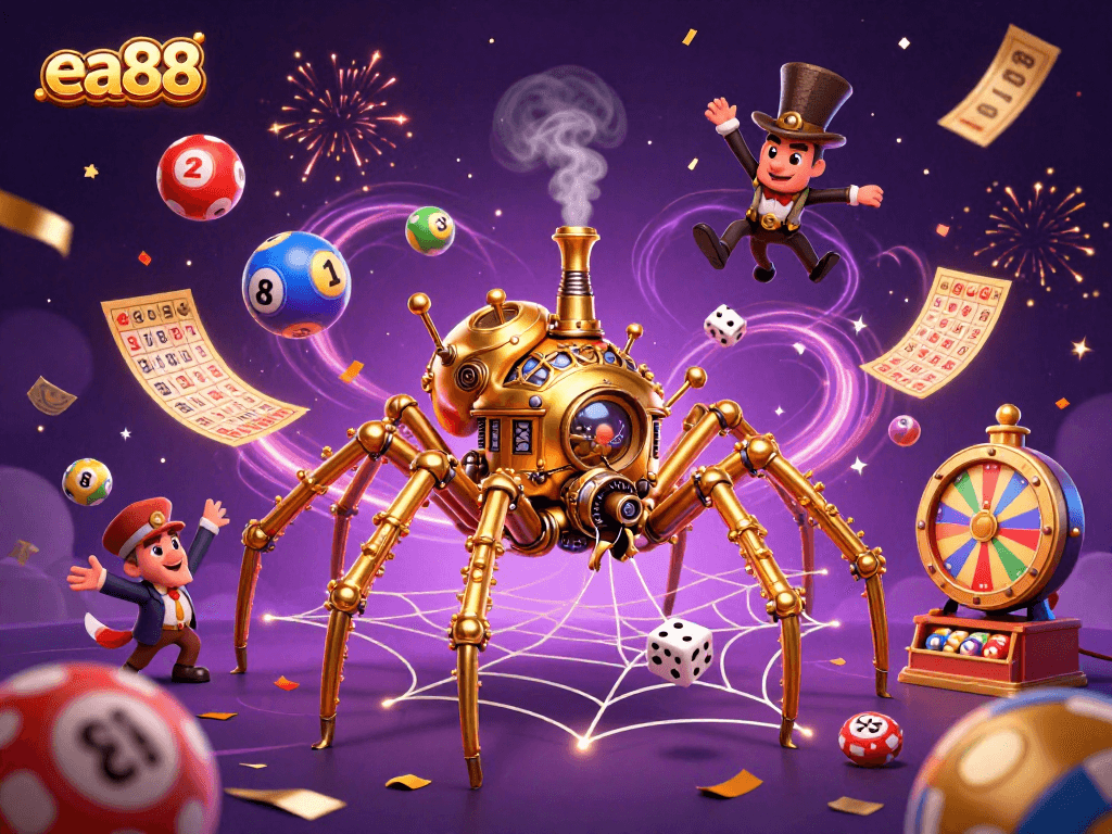 Engage with thrilling moments at ea88, where a steampunk spider captures lucky chances amidst colorful prizes.