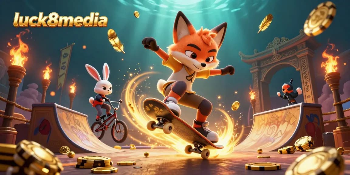 Experience luck8media with animated characters showcasing thrilling casino games in a dynamic scene.