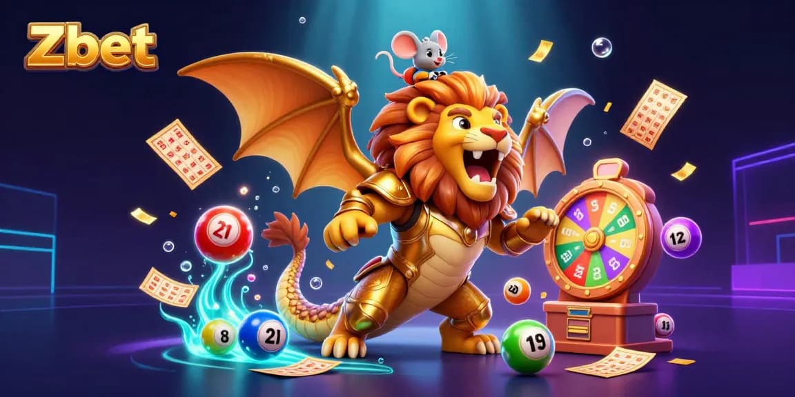Zbet-themed illustration showing a victorious chimera and a mouse jockey amidst colorful lottery elements.