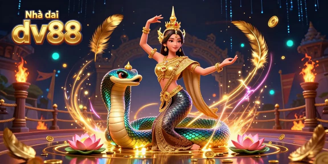 Engage with Nhà cái dv88, featuring an enchanting Thai dancer, a colorful Naga, and rich gaming elements.