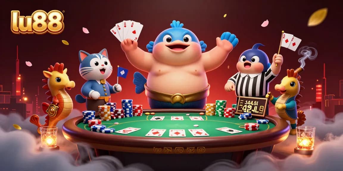 Engage in thrilling poker action with lu88 as vibrant cartoon characters dance around a festive casino scene.