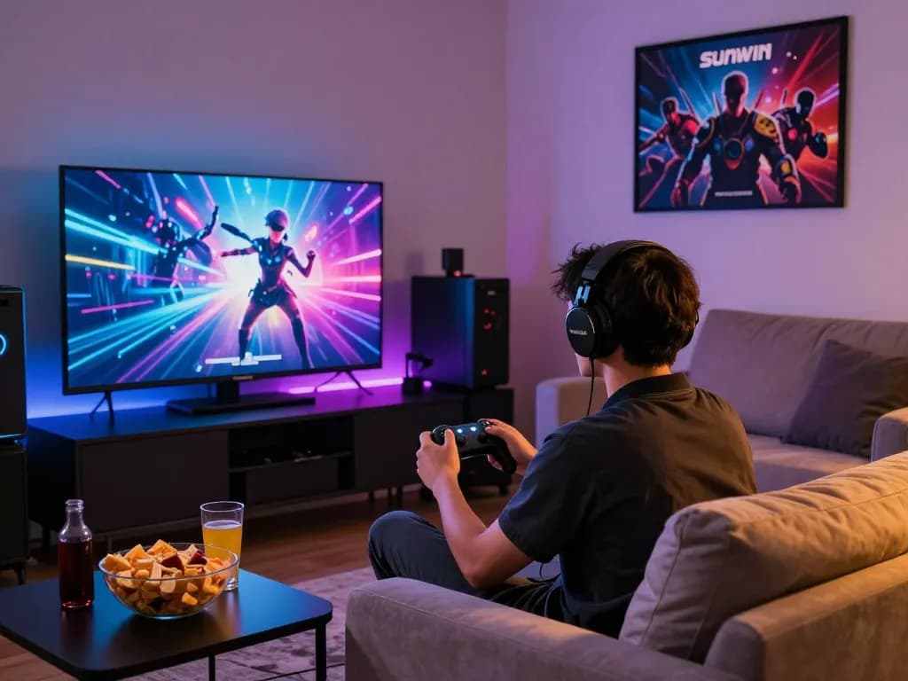 Tải Sunwin on a large screen, gamer enjoying a dynamic gaming experience in a modern living room.