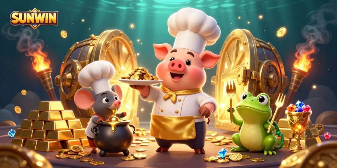 SUNWIN elevates excitement with a chef pig serving gold coins while a mouse tastes molten gold.
