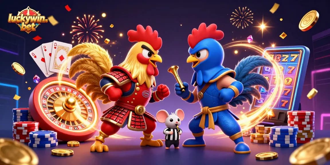 Experience thrilling action at luckywin-bet with dynamic roosters in combat amidst a sparkling casino backdrop.