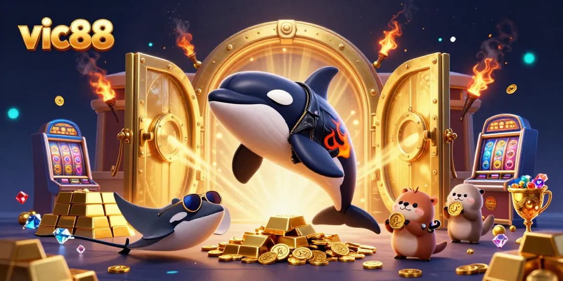 Experience the thrill at vic88 with orca whale and friends winning gold coins in a vibrant casino scene.