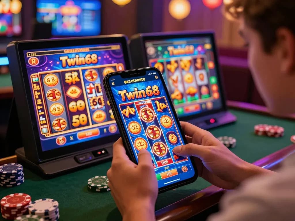 Twin68 mobile app gameplay featuring exciting slot and poker games in a festive atmosphere.