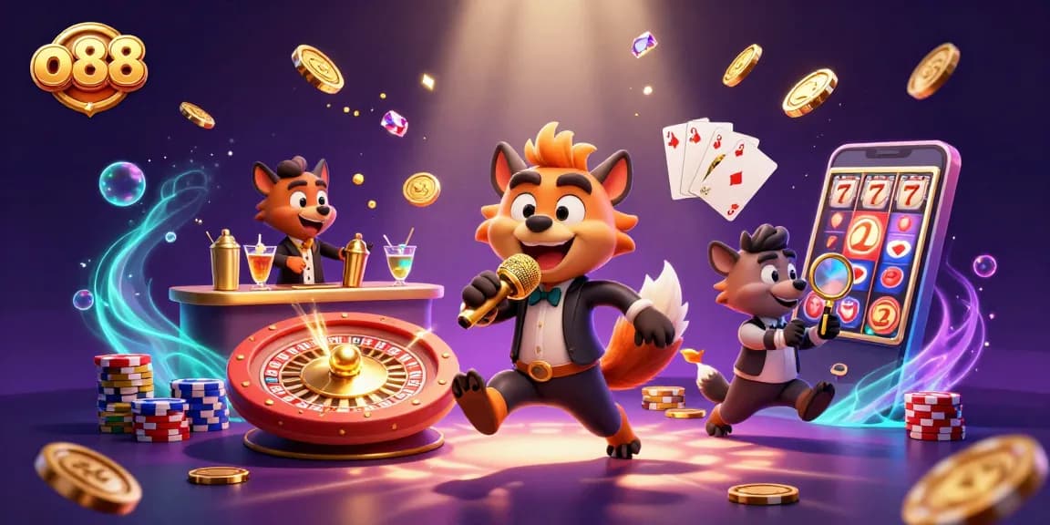 Experience the vibrant world of o88, showcasing a lively casino with charismatic hyena characters and exciting gaming elements.