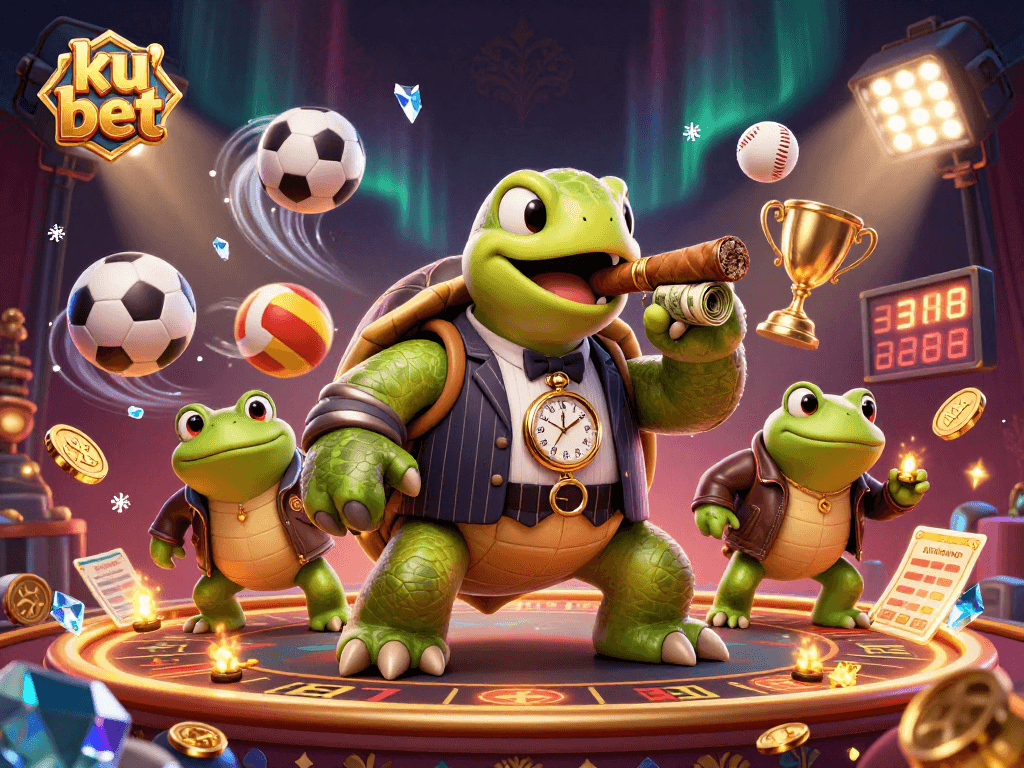 Join the action at ku bet with a lively 3D casino scene featuring unique characters and vibrant sports elements.