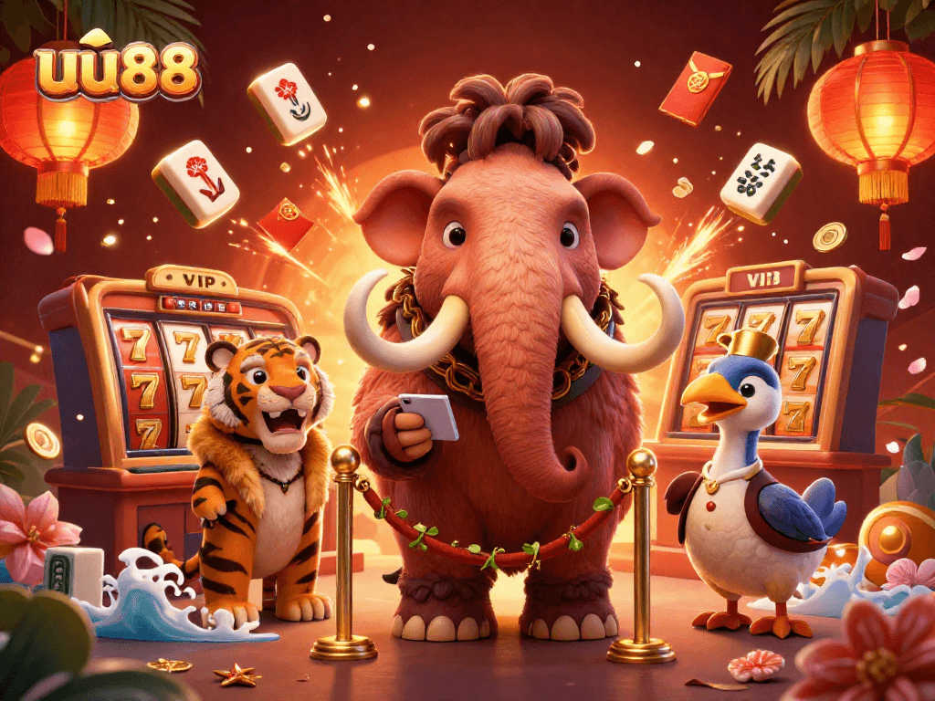 Experience fun at uu88 where a mammoth checks IDs while a saber-tooth enjoys luxury gaming.