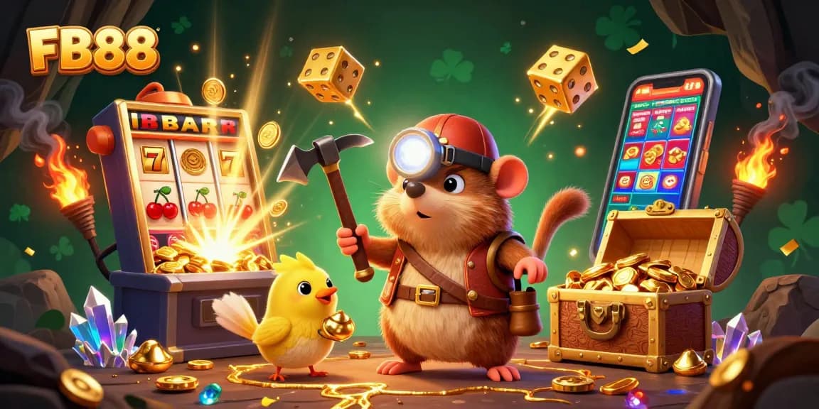 Experience thrilling adventures with FB88 as a treasure hunter mole and canary explore a sparkling casino.