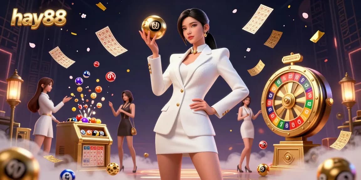 Engage with hay88's vibrant gaming atmosphere, featuring a beautiful Asian model presenting a golden roulette ball amidst colorful lottery elements.