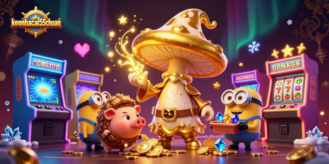 Engage with keonhacai55chuan's magical gambling scene filled with golden riches, slot reels, and vibrant treasures.