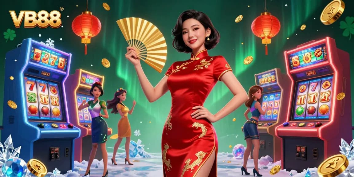 Experience thrilling games at VB88 with vibrant Asian aesthetics, slot reels, and golden coins.