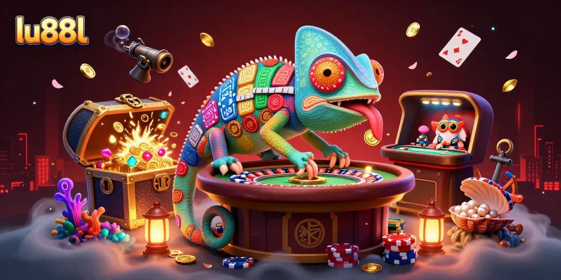 Experience vibrant winnings at lu88l's captivating casino, with colorful chameleon character amid treasure.