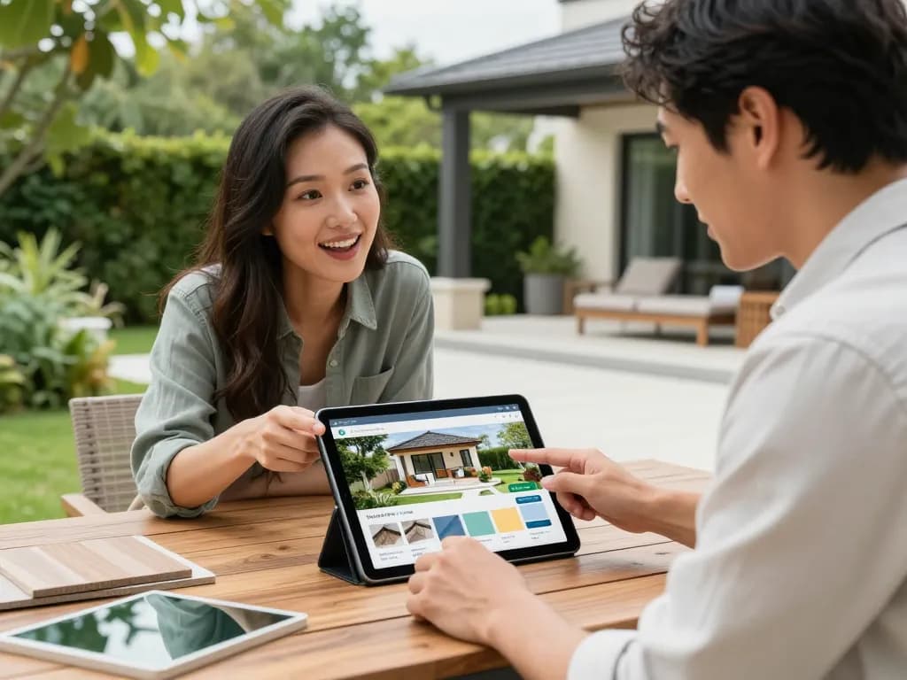 Homeowner using a veranda configurator with a designer, emphasizing personalized outdoor living.