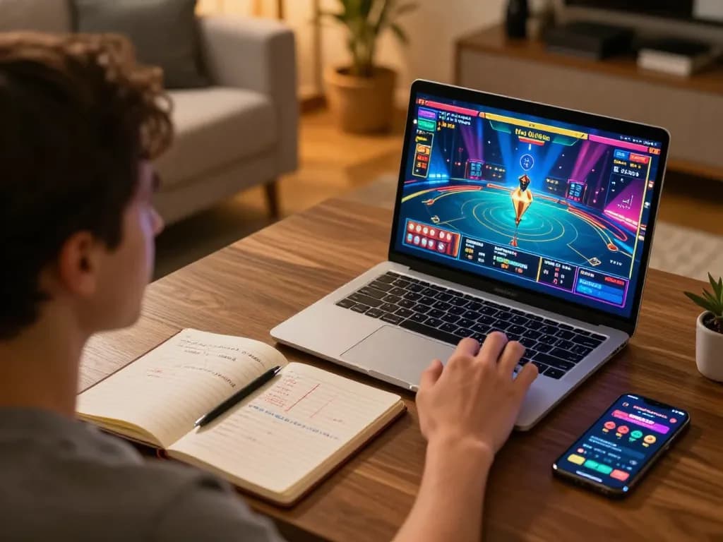 Engaging in game bài đổi thưởng uy tín through online gaming setup, showcasing strategic elements and a cozy atmosphere.