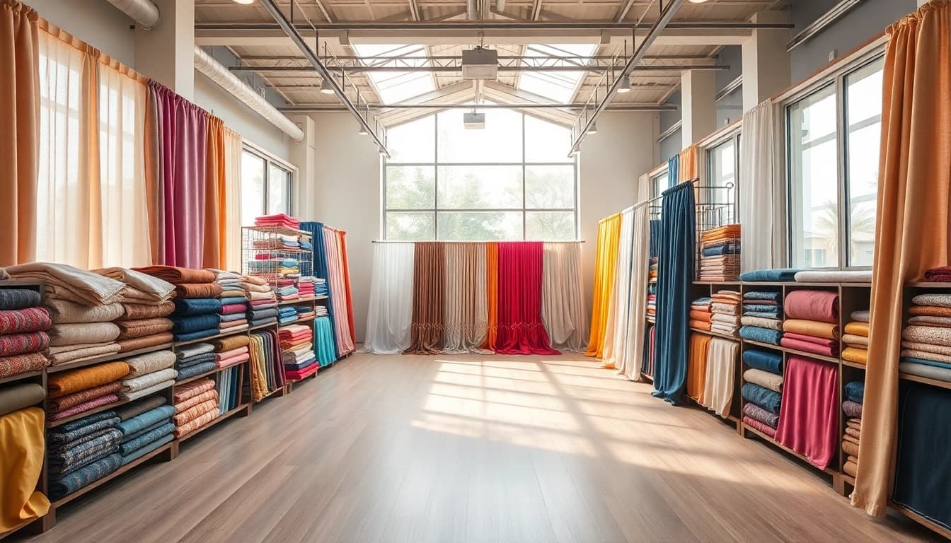 Stoffen online bestellen met een uitgebreide selectie kleurrijke stoffen in een moderne showroom.