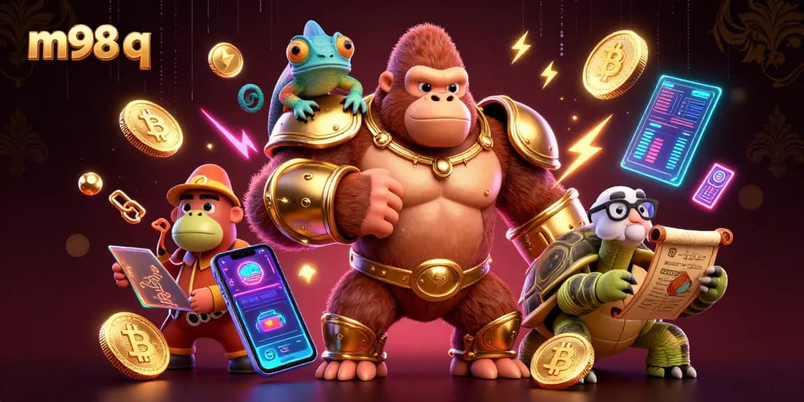 Win with m98 q in a vibrant 3D casino scene featuring a dynamic gorilla king and crypto elements.