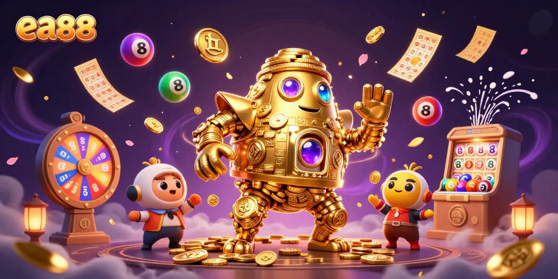ea88 captivates gamblers with dynamic golden golems and vibrant lottery elements in a thrilling casino scene