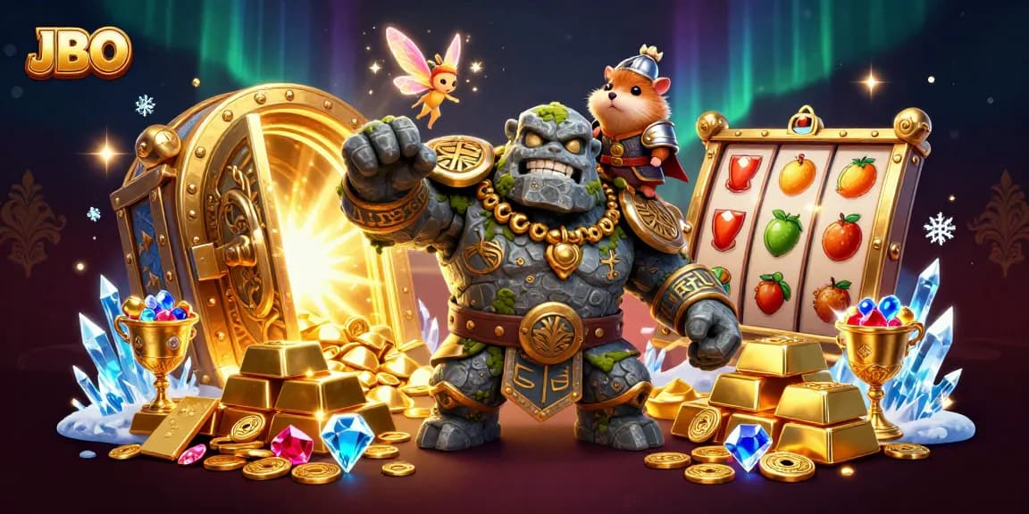 Experience JBO's magical gaming adventure with a golem, fairy, and hamster knight amidst stunning treasures.