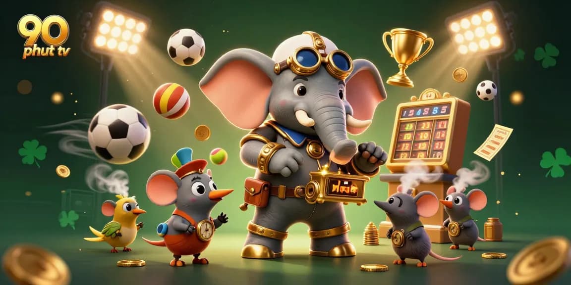 Engage with 90 phut tv's thrilling sports gaming atmosphere featuring cartoon characters operating slot machines amidst vibrant betting elements.