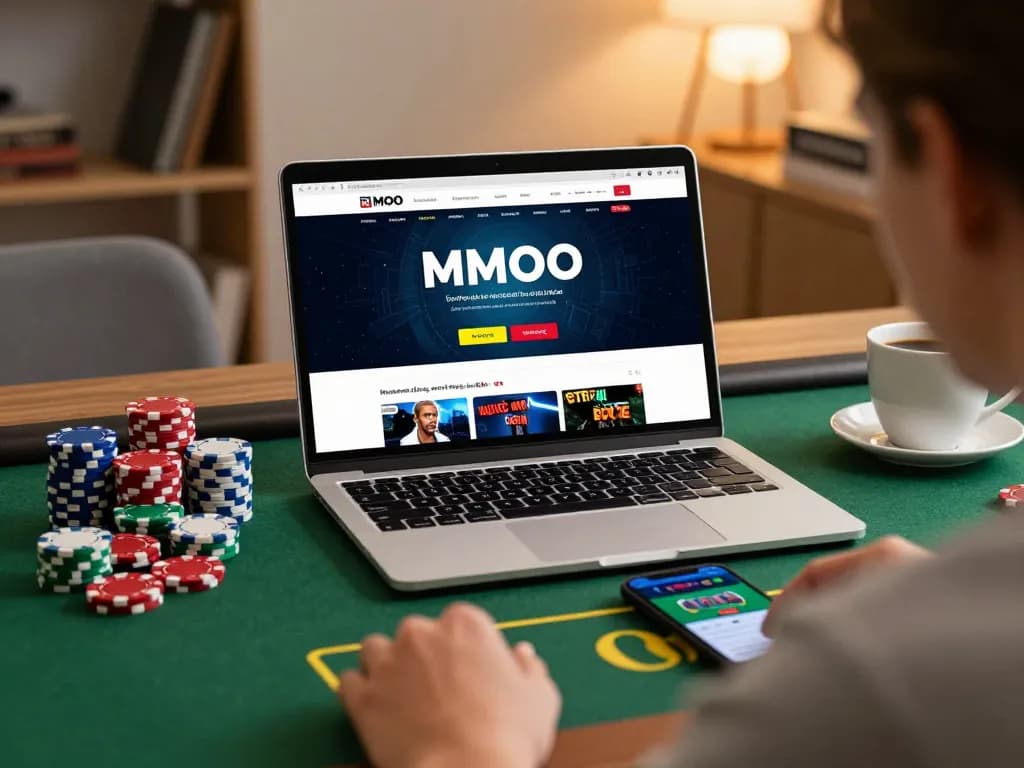 Player engaging with MMOO online casino on laptop, surrounded by poker chips and betting apps