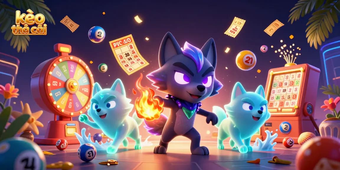 Kèo nhà cái features a glowing wolf leader with ghostly companions amidst lively lottery elements.