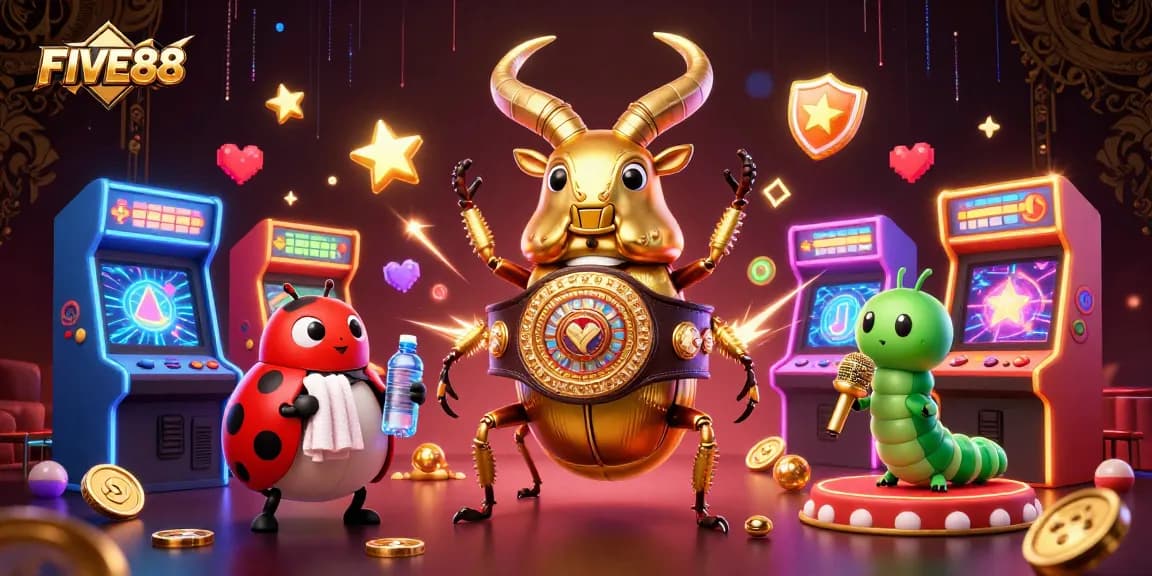 Engage with the exciting offerings of FIVE88 as vibrant characters and casino elements come to life in a packed 3D scene.