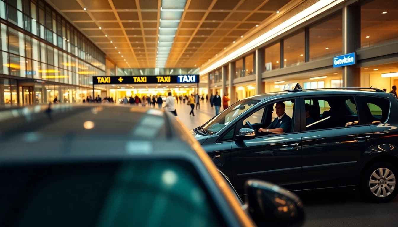 Arriving taxi for Gatwick Airport service in an urban backdrop at night.