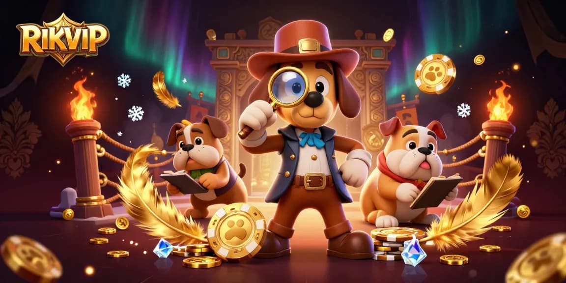 Engage with RIKVIP as a detective cartoon duo uncovers rich treasures in a vibrant casino scene.