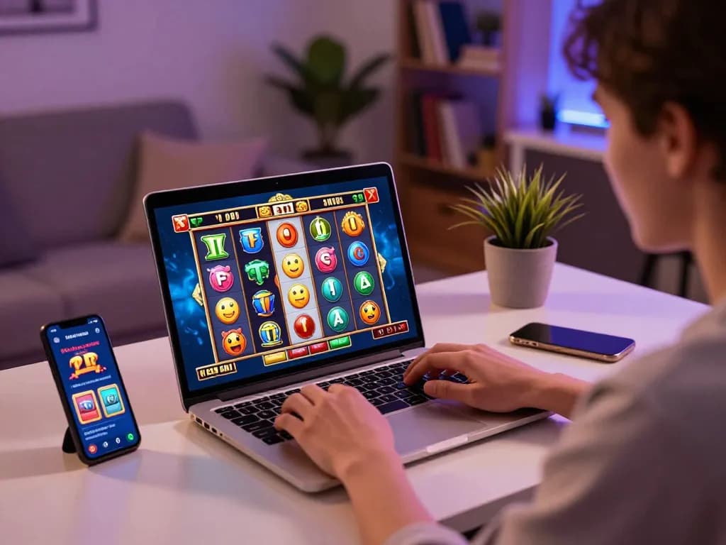 Experience Slot Malaysia excitement with an individual gaming online on a laptop, engaging with colorful slot machines.