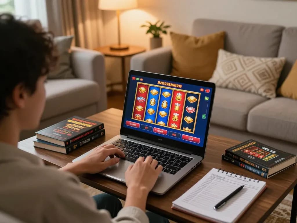 Enjoying online gambling with link sungaitoto on a laptop from a cozy living room setup.