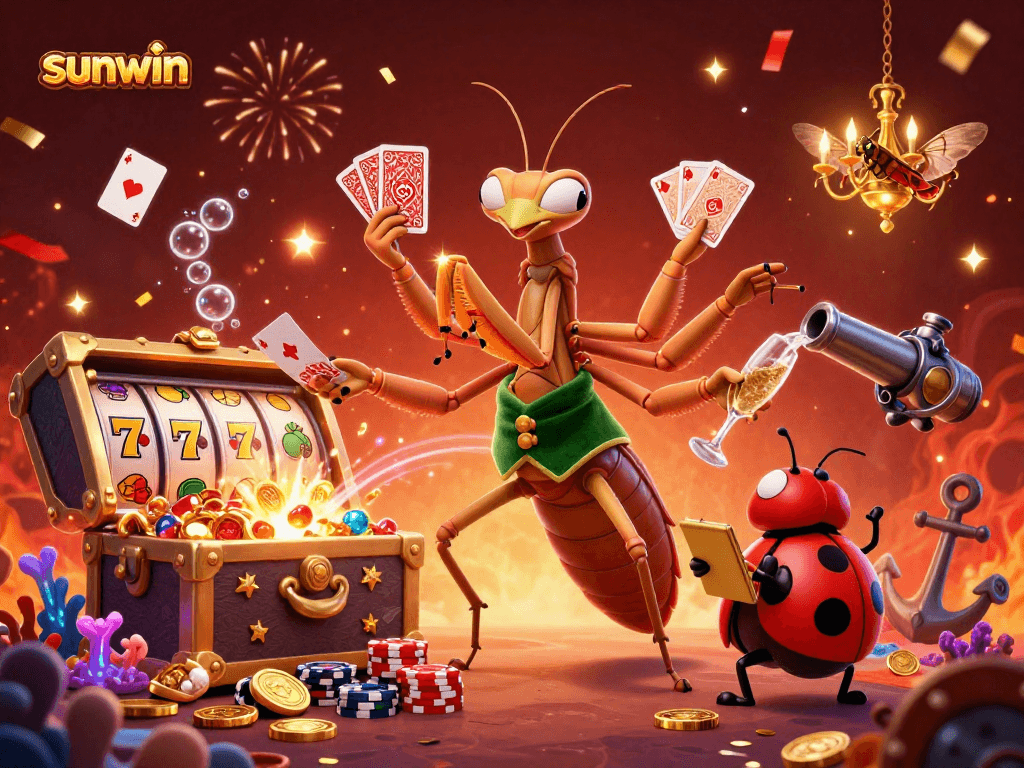 Experience thrilling gameplay at sunwin with colorful slot reels and vibrant casino characters.