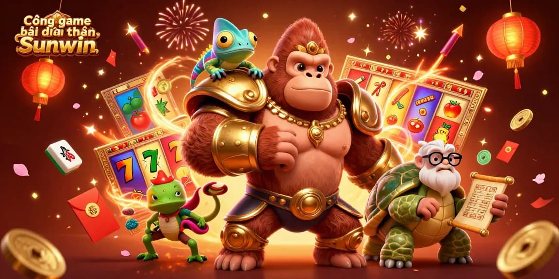 Cổng game bài đổi thưởng Sunwin features an engaging 3D casino scene with vibrant slot reels and rich celebratory elements.