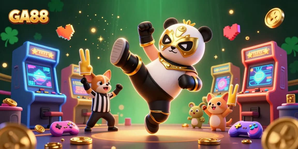 Experience the excitement of GA88 with a panda wrestler and chihuahua referee amid dynamic casino elements.