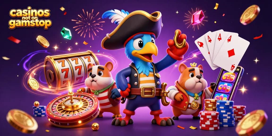 Win big at casinos not on gamstop with this vibrant 3D scene featuring classic gaming elements.