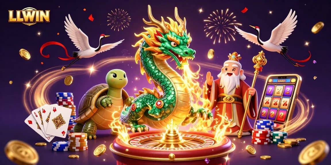 LLWIN showcases an epic scene with a jade dragon, turtle sage, and cranes amidst casino treasures.