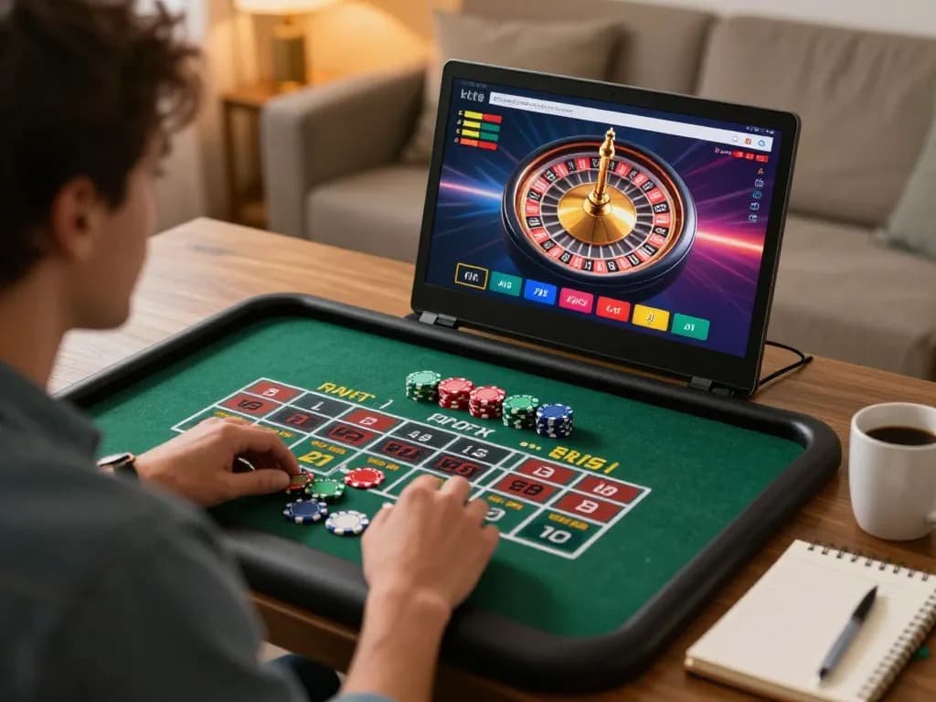 Player engaging with the 11WIN live roulette game in a cozy home setting, showcasing online gaming excitement.