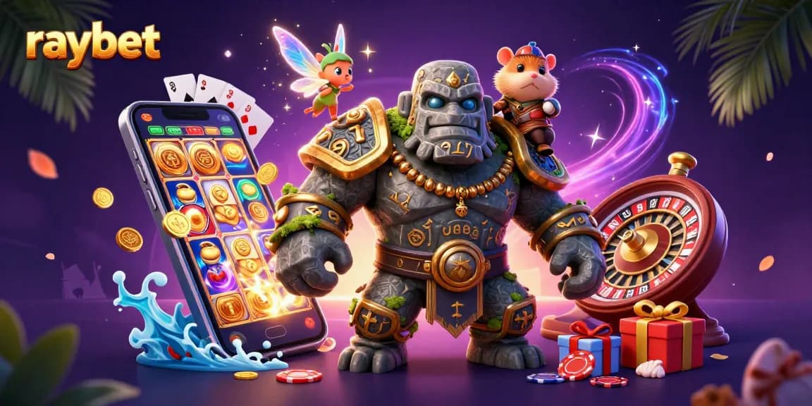 Experience the magic of raybet with a mystical golem, fairy, and hamster riding in a vibrant casino world.