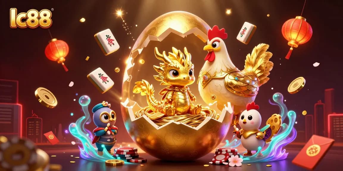 Experience thrilling games at lc88 with a radiant dragon and golden poker chips, celebrating wins.