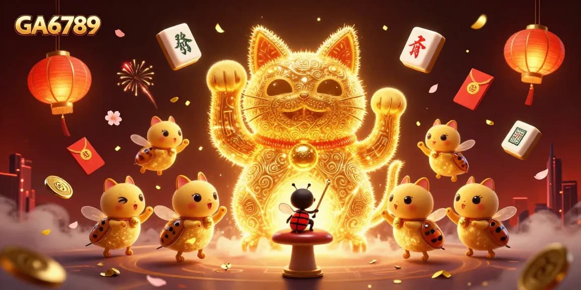 Experience GA6789 with a vibrant, 3D-rendered illustration of a giant lucky cat and festive casino elements.