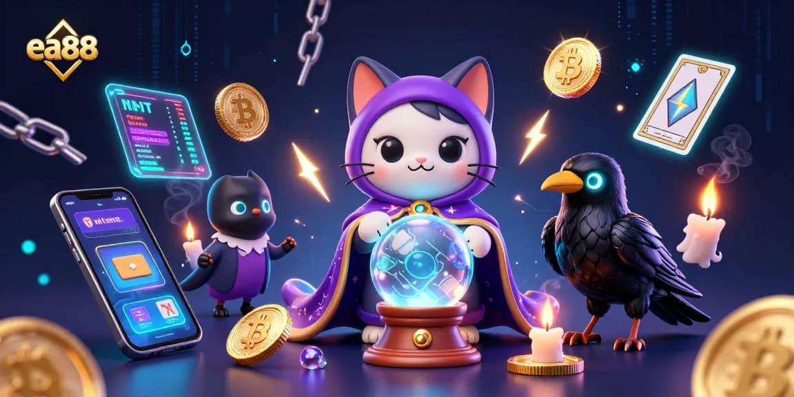 Experience the thrill of ea88 with a vibrant 3D casino scene featuring mystical characters and crypto elements.