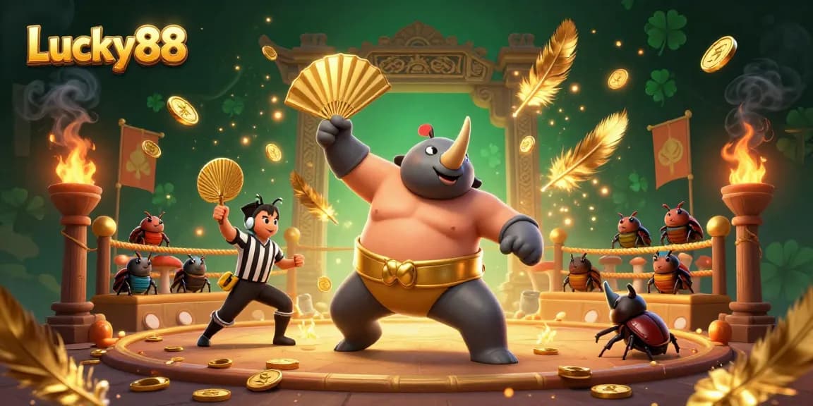 Experience Lucky88 slot action with beetle champions and dynamic casino elements in a vibrant 3D scene.