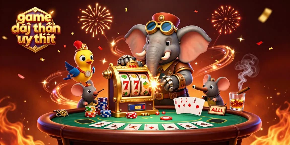 Engage in thrilling gameplay with the game đổi thưởng uy tín scene, featuring a steampunk elephant at a slot machine.