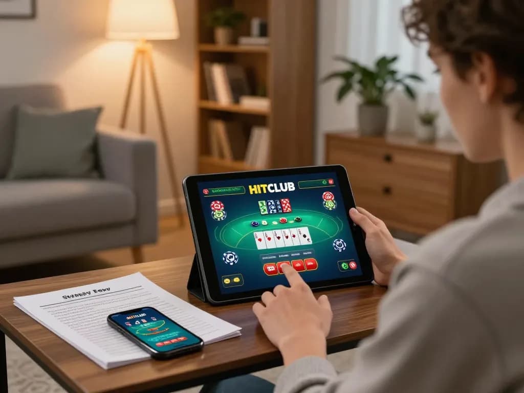 Engaging in HITCLUB poker gameplay on a tablet in a cozy living room setup.