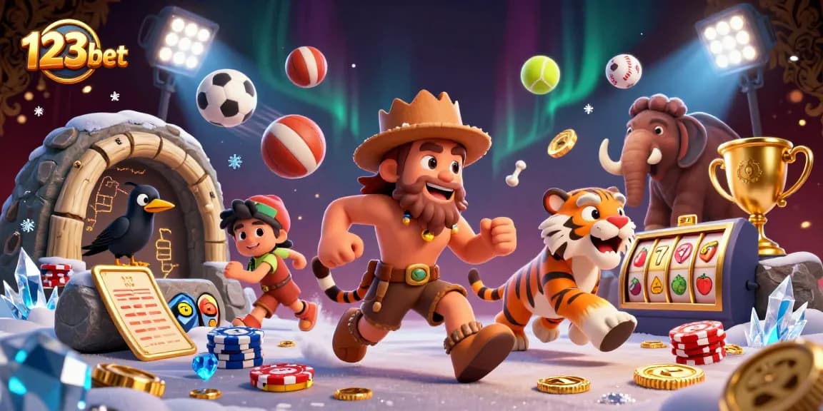 Experience thrilling gameplay at 123bet with cavemen and sabertooth tigers in a prehistoric casino atmosphere.