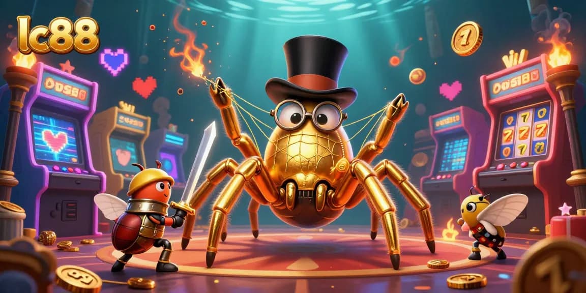 Experience the vibrant excitement of lc88 with a golden tarantula and beetle knight amid thrilling casino action.