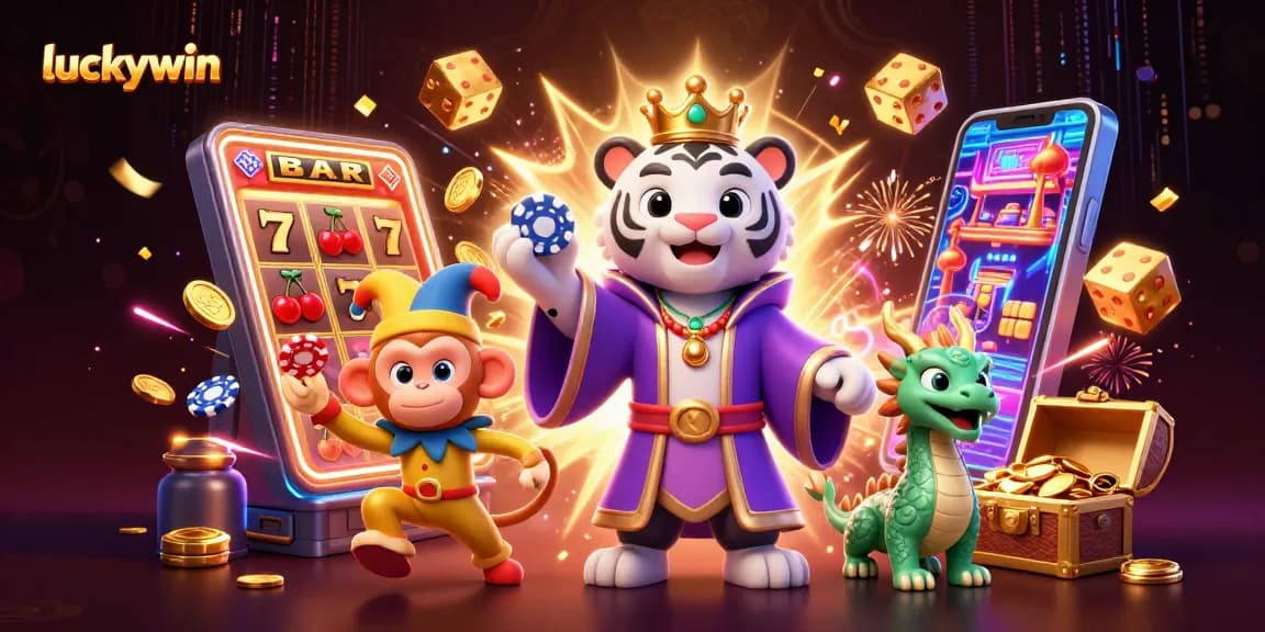 Experience thrilling gameplay at luckywin with a vibrant 3D illustration of a joyful tiger and fun monkey in a casino atmosphere.
