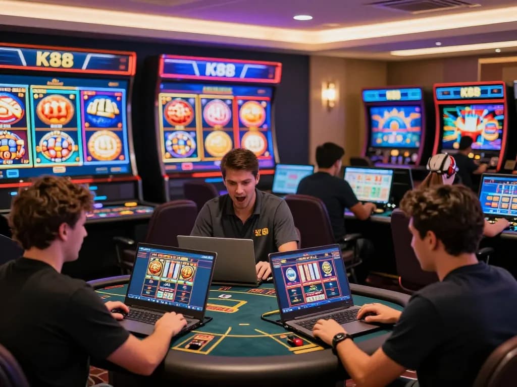 Exciting online gaming experience at K88 casino, showcasing players and vibrant slot games.